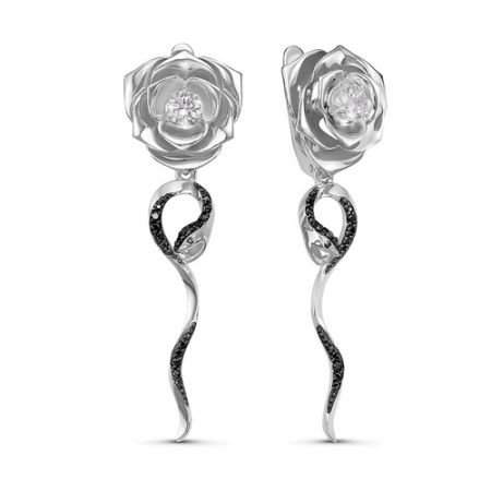 Серьги из серебра с фианитами «Змея и цветок»
