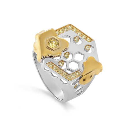 Кольцо из серебра с фианитами и позолотой «Соты»