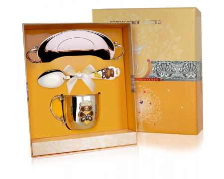 Серебряный набор «Мишка» блюдце, кружка, ложка