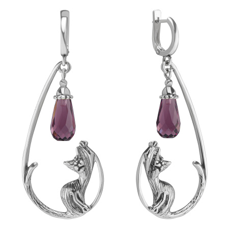 Серебряные серьги Кот под фонарем длинные с кварцем бургунди