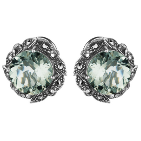 Серебряные серьги с зеленым аметистом и марказитами Swarovski