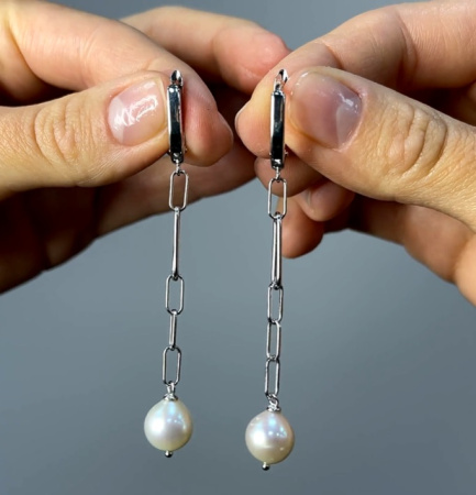 Серьги серебряные длинные с жемчугом