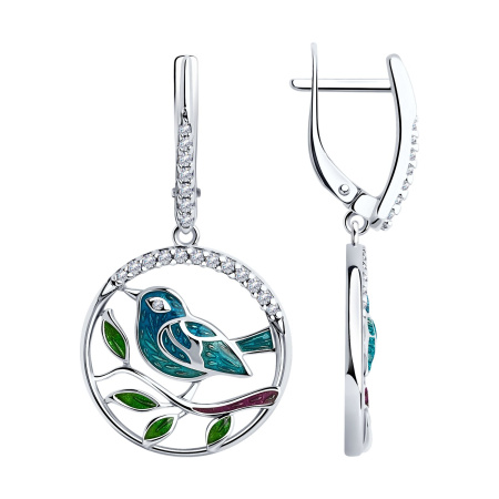 Серьги из серебра с фианитами и эмалью «Птичка»