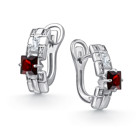 Серьги из серебра с гранатом и фианитами