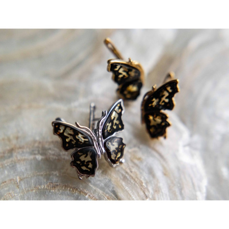 Серебряные серьги с янтарем «Бабочка»