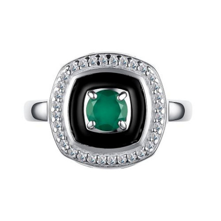 Серебряное кольцо с фианитами и зеленым агатом