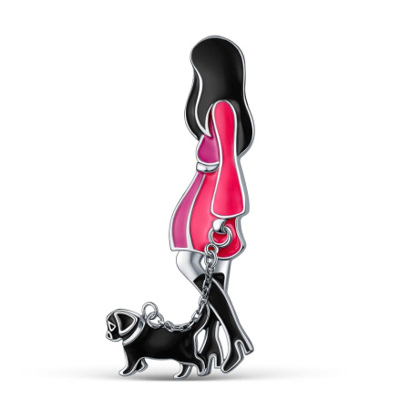 Брошь из серебра с эмалью «Девушка с собачкой»