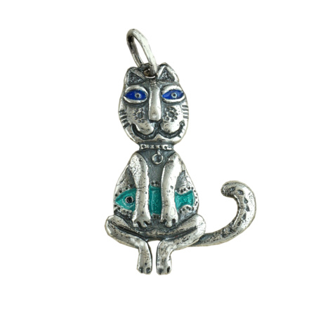 Подвеска из серебра с эмалью «Кот с рыбкой»