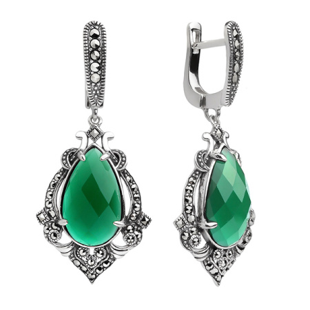 Серебряные серьги с зеленым агатом и марказитами Swarovski