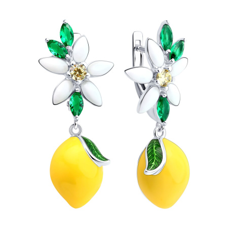 Серьги из серебра с фианитами и эмалью «Лимон»