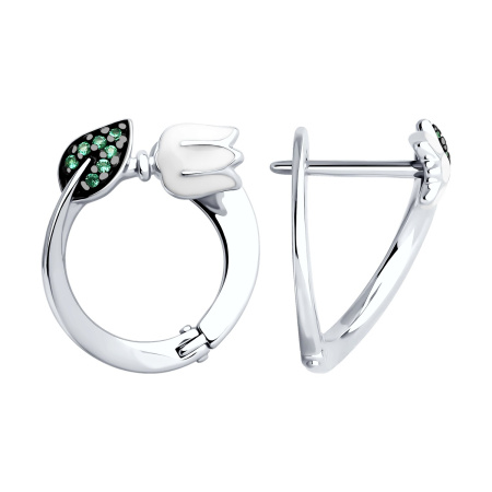 Серебряные серьги с эмалью и фианитами «Цветочек»