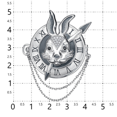 Серебряная брошь с эмалью и фианитами «Кролик» Алиса в стране чудес