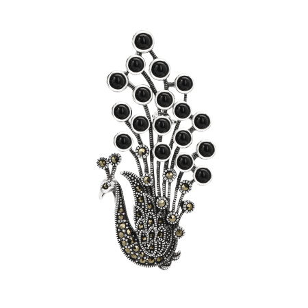 Брошь из серебра «Павлин» с марказитами и ониксом