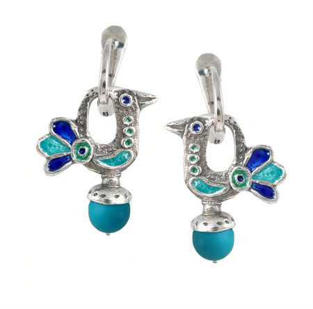 Серебряные серьги с эмалью и бирюзой «Птички»