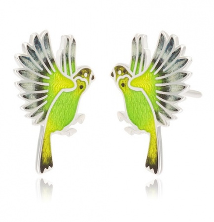 Серьги-пусеты из серебра «Попугаи» зеленые