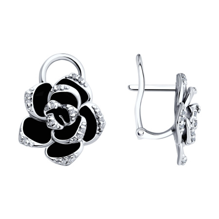 Серебряные серьги с фианитами и эмалью «Цветок»
