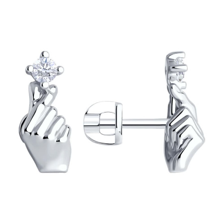 Серебряные серьги-пуссеты с фианитом «Рука»