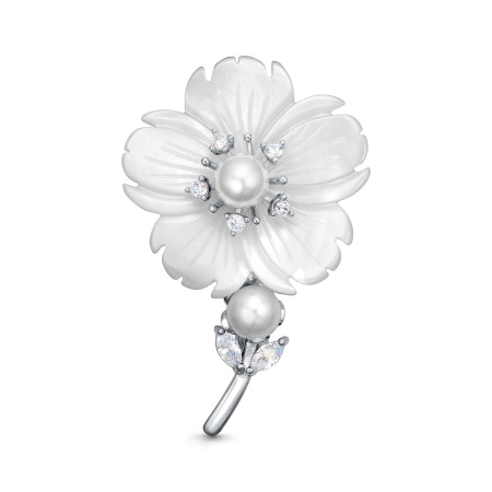 Брошь из серебра с жемчугом, перламутром и фианитом «Цветок»