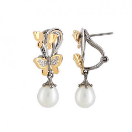 Серьги серебряные с бриллиантами и культивированным жемчугом