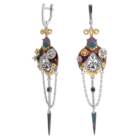 Серьги из серебра с эмалью и фианитами «Жуки»