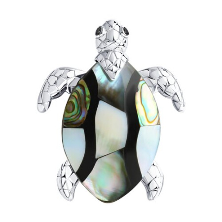 Брошь из серебра с перламутром и фианитами «Черепаха»