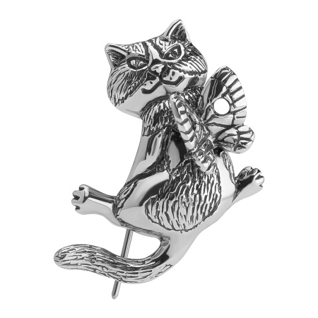 Серебряная брошь «Кот и бабочка»