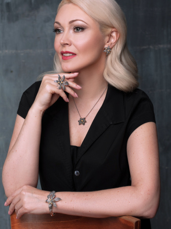 Серебряное кольцо с цитрином, марказитами Swarovski и позолотой