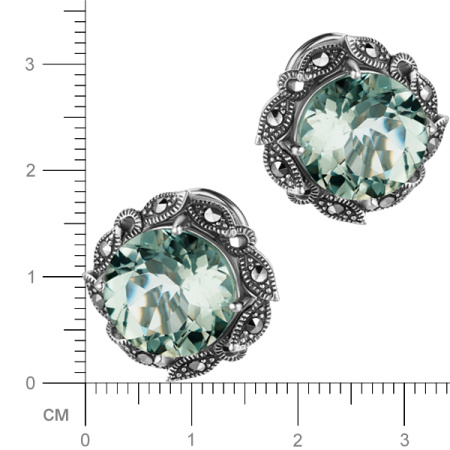 Серебряные серьги с зеленым аметистом и марказитами Swarovski