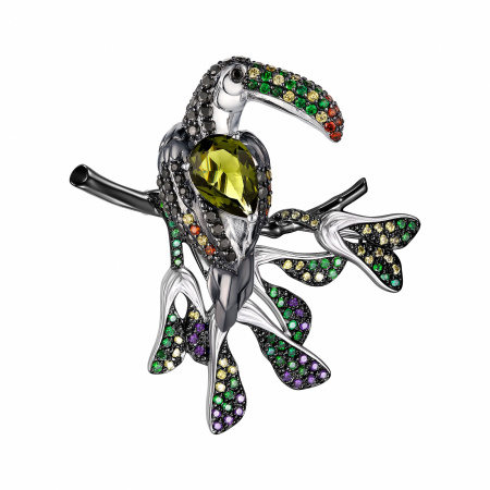 Брошь из серебра "Тукан" с фианитами