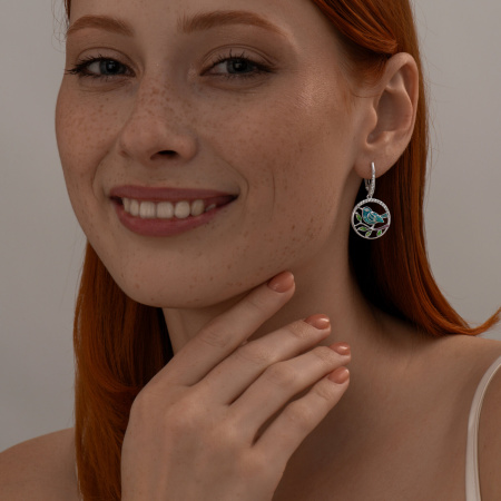 Серьги из серебра с фианитами и эмалью «Птичка»
