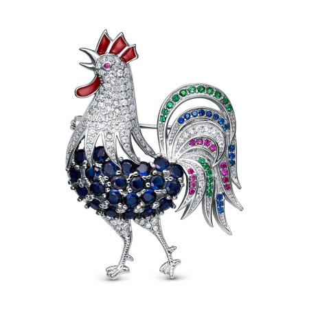 Серебряная брошь с фианитами и эмалью «Петух»