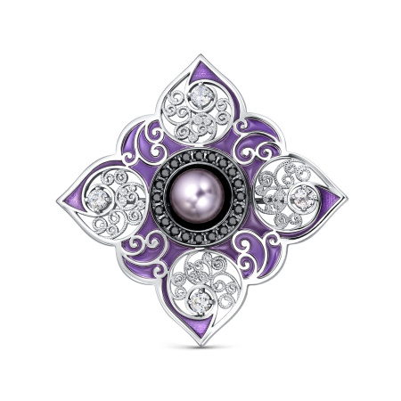 Серебряная брошь с жемчугом, шпинелью, фианитами и эмалью