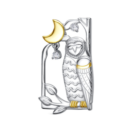 Серебряная брошь с фианитами «Сова и Луна»